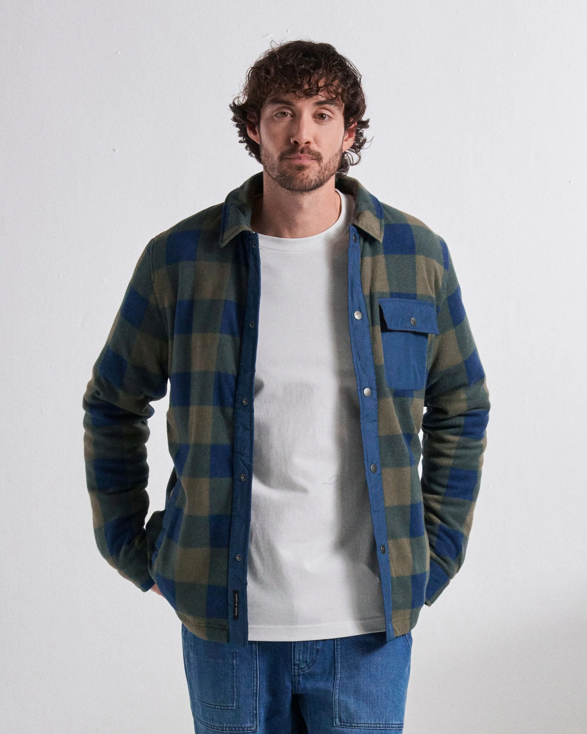 Firelight Sherpa Lined Overshirt - Dusty Olive/Dark Denim Check
