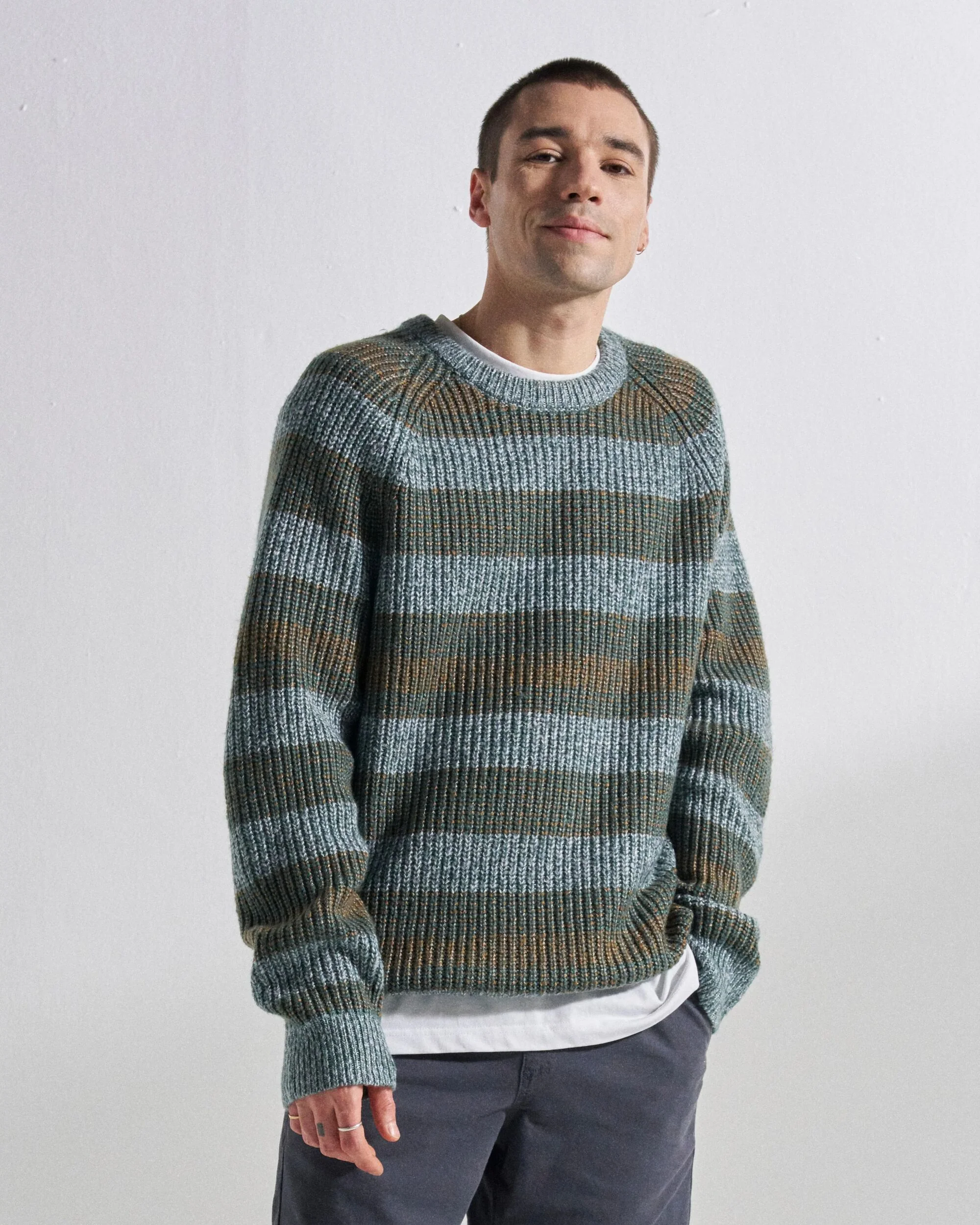 Fog Knitted Jumper - Faded Denim Multi Stripe - Image 5
