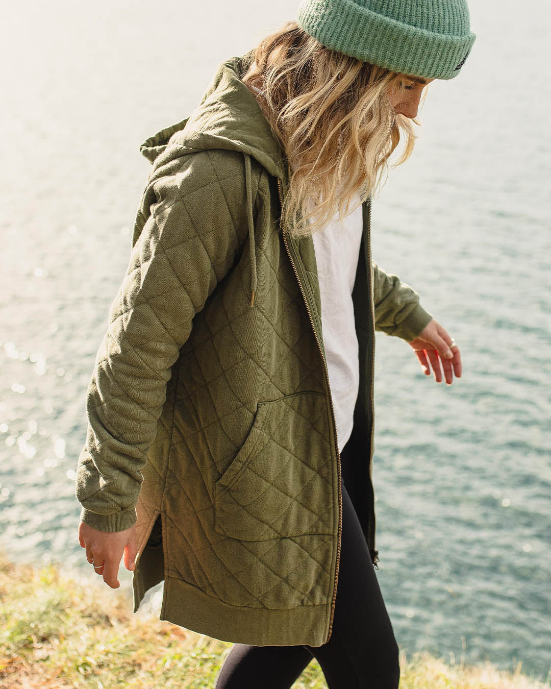 Getaway Quilted Full Zip Hoodie - Khaki - Image 2
