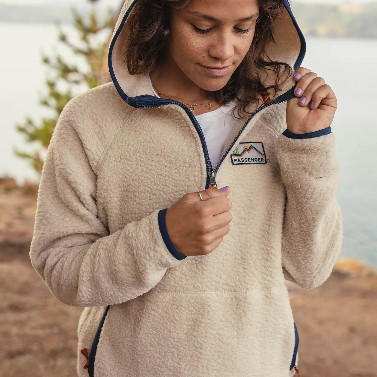Maine Hooded Recycled Sherpa Fleece - Oatmeal - Image 2