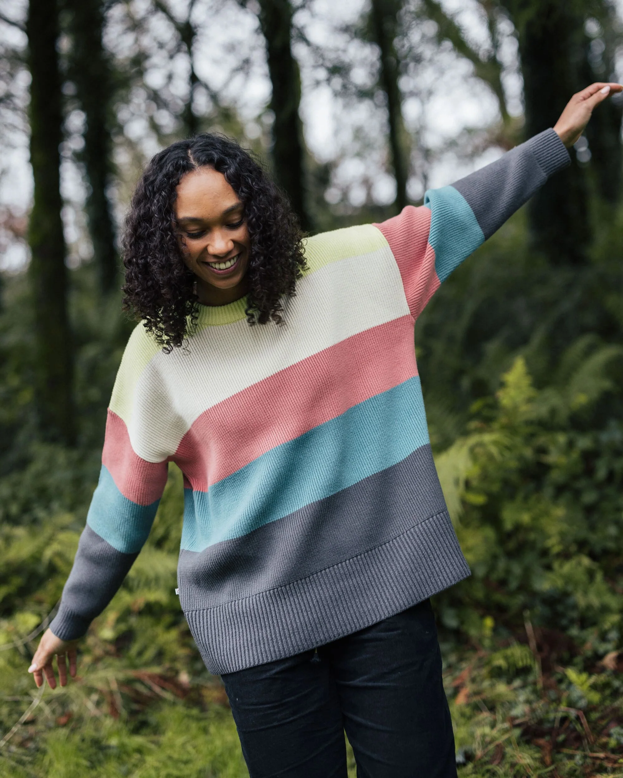 Moments Oversized Organic Knitted Jumper - Lime Multi Stripe - Image 3