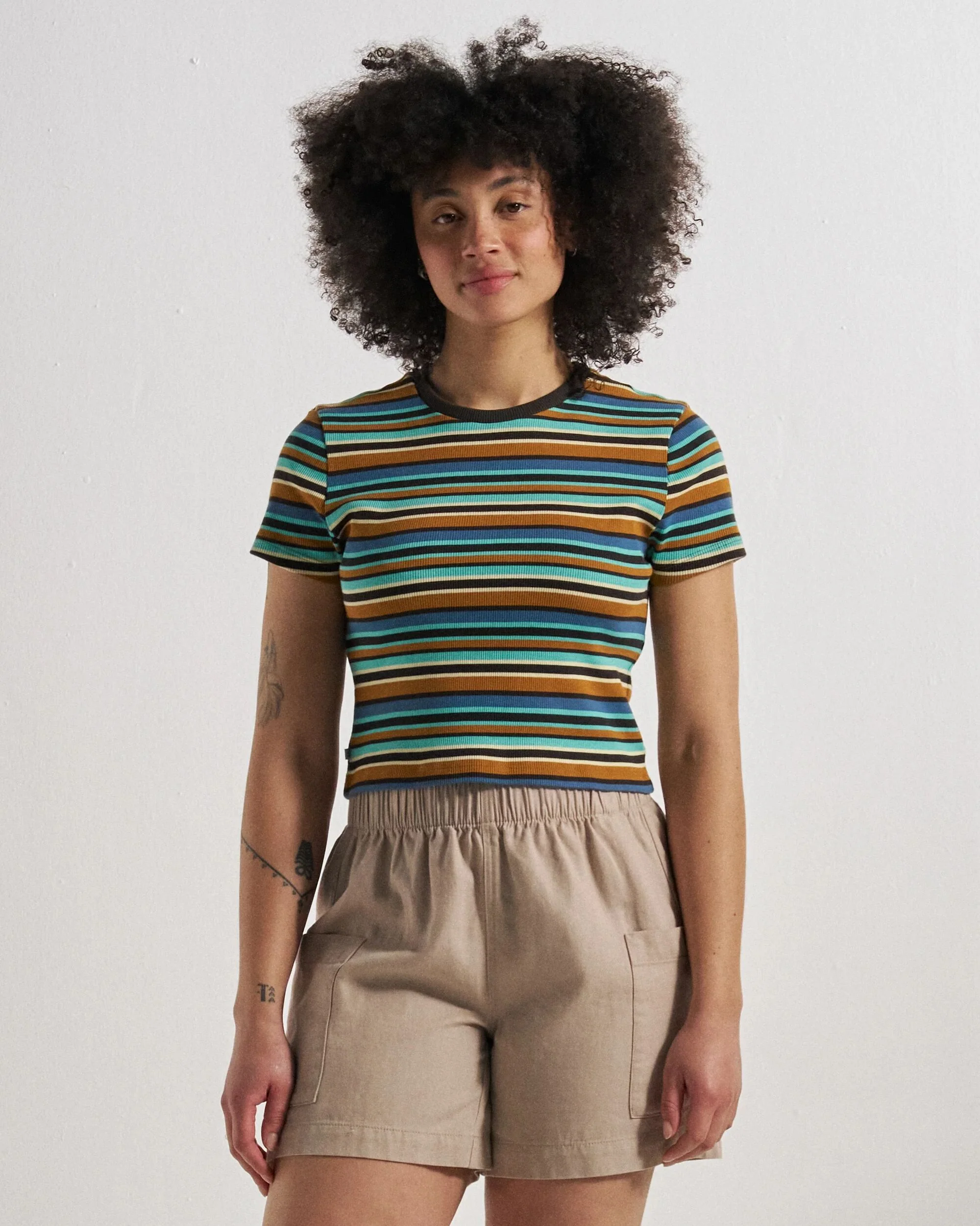 Out There Ribbed Cropped T-Shirt - Espresso Multi Stripe - Image 3