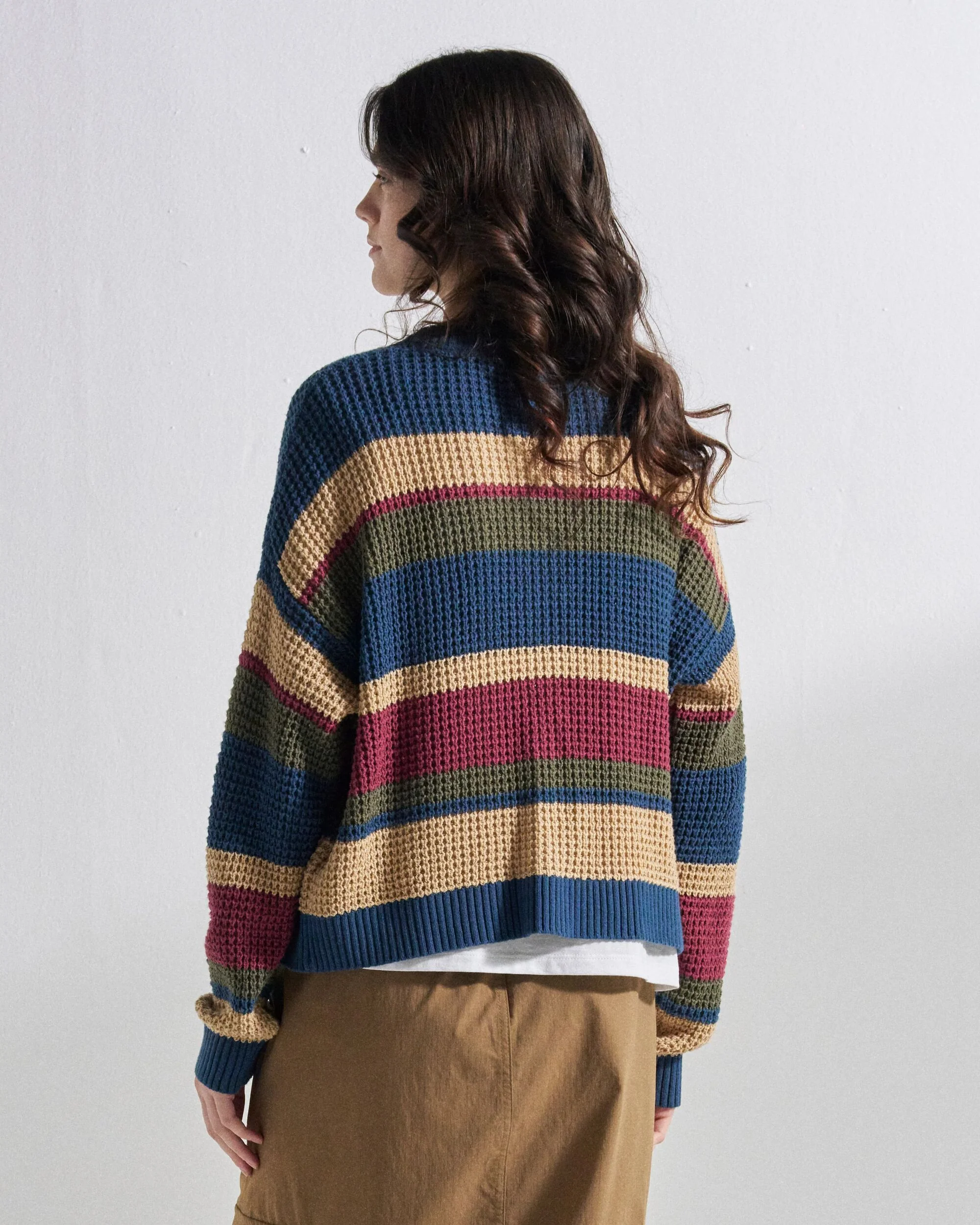 Reflection Open Knit Stripey Cardigan - Dusty Olive Multi Stripe - Image 5