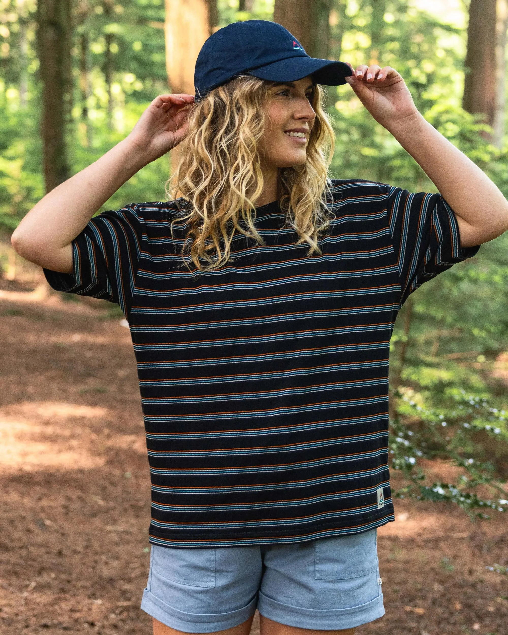 Retro Vibes Organic Cotton T-Shirt - Black Multi Stripe - Image 2