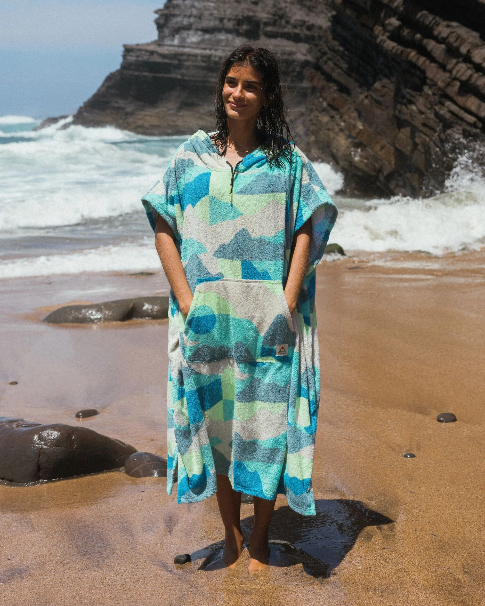 Shoreline Cotton Towel Poncho - Vista Patchwork Aqua - Image 3