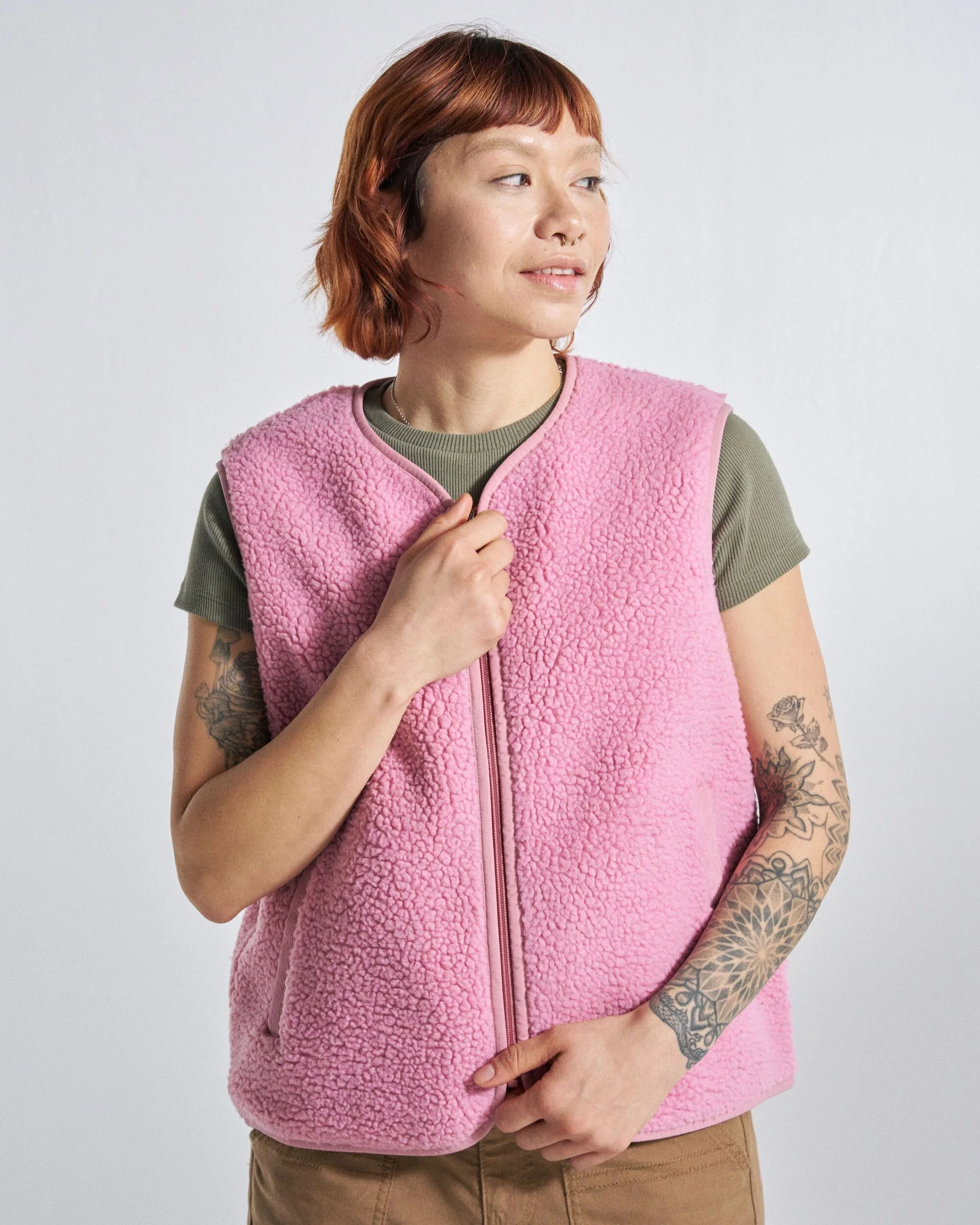 Tawny Collarless Deep-Pile Sherpa Gilet - Pink Haze - Image 6